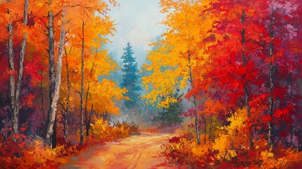 Vibrant Autumn Forest Path: A Majestic Oil Painting of Fall Foliage