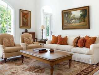 An elegantly furnished living room with classic decor and art