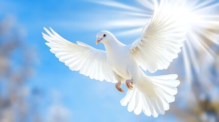 Fototapeta premium Majestic White Dove in Flight Wings Spread Wide Heavenly Scene Peaceful Bird
