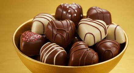 Obraz premium A luxurious close-up of a bowl filled with heart shaped chocolates in rich brown, deep red and creamy white