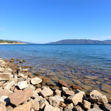 rocky shore of sevan lake in arnenia