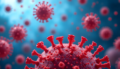 Fototapeta premium red virus cells. Dangerous Deadly looking virus cells. Coronaviruses influenza 3d render. Coronavirus COVID-19 colorful background.