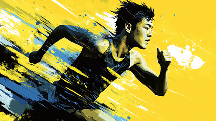 runner in action with paint streaks yellow background dynamic
