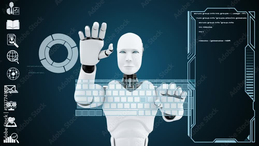 Poster futuristic robot, artificial intelligence cgi big data analytics and programming . robotic man 3d re
