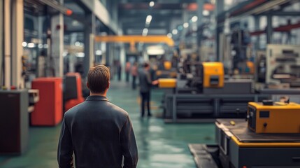 Fototapeta premium Factory worker walking through a large industrial plant.