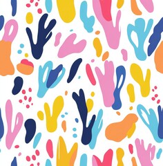 A seamless pattern of pastel-colored abstract shapes resembling playful splashes on a white background.