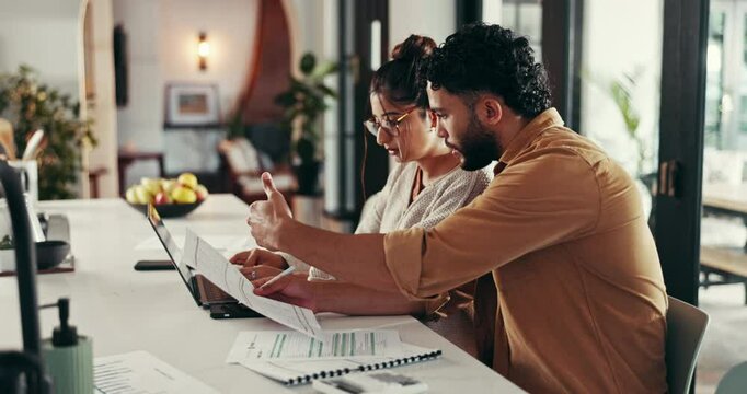Teamwork, documents or couple with financial review checklist, budget and planning savings on laptop. Support, investment and people organizing bills for paying debt, finance or household expenses