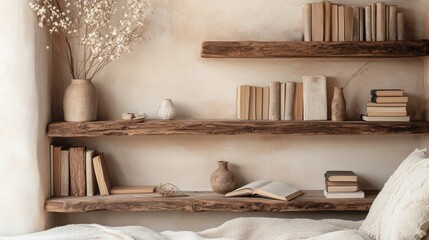 A cozy corner with a rustic wooden shelf, filled with books, vases, and decorative items.