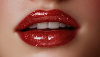 Fototapeta premium A striking close up of glossy red lips adorned with sparkling glitter, set against smooth white teeth, showcasing captivating beauty