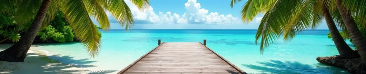 Fototapeta premium Wooden dock surrounded by palm trees on a tropical island, tranquil, tropical, paradise