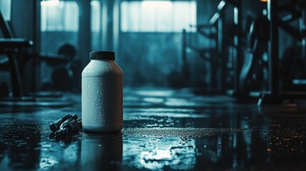 Moody Gym Scene with Protein Supplement Bottle and Wet Floor in Dim Light