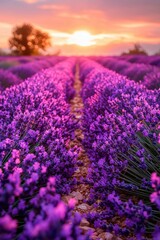 Obraz premium Vibrant lavender fields at sunset create a stunning natural landscape in full bloom