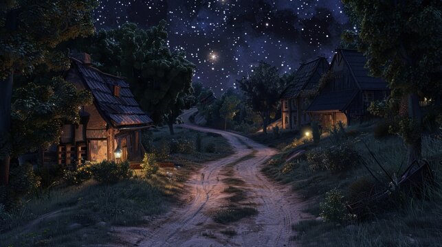 Enchanted Night Village with Starry Sky and Cozy Cottages