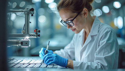 Focused female production specialist inspecting products with precision in a modern manufacturing facility, showcasing quality control concept.