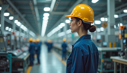 Woman focused and overseeing automated machinery on a busy production floor, industrial work environment and efficiency concept.