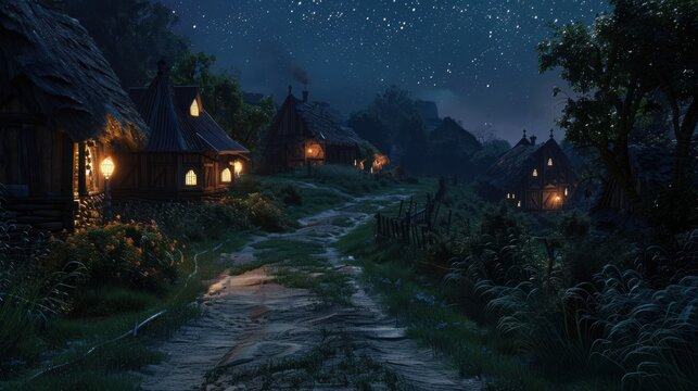 Enchanted Village at Night: Cozy Cottages Under a Starry Sky with Illuminated Pathways and Lush - Powered by Adobe