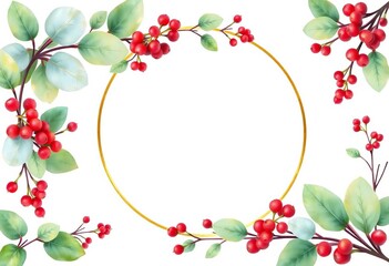 Fototapeta premium Watercolor eucalyptus & red berry botanical frame & border set; gold circle & square , invitation, gold