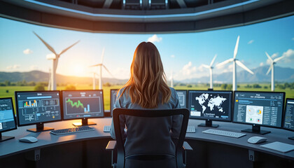 Woman focused on renewable energy data in a control center with panoramic views of wind turbines, symbolizing the future of sustainable energy.