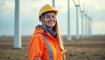 Confident female renewable energy expert smiling at a wind farm in vibrant orange safety gear, representing empowerment and sustainability.