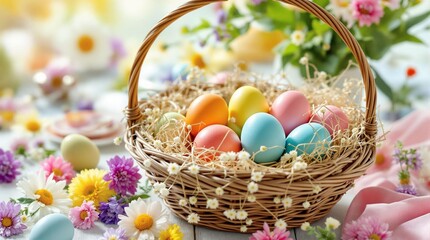 Delightful decorative eggs in a basket - Easter celebration concept