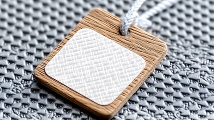 Square Wooden Tag with Blank White Label Natural Wood Texture Grey Textured Background Mockup