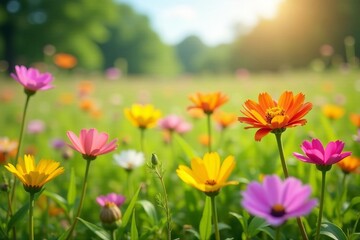 Obraz premium Vibrant wildflowers in full bloom on sunny meadow, beauty, nature, botany