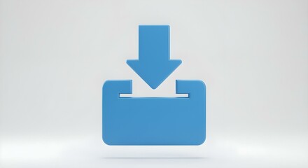 A 3D render of a blue download icon against a white background