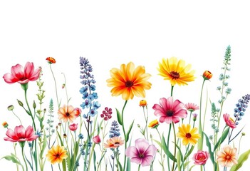 Vibrant watercolor wildflowers in a rectangular frame on white, border, botanical