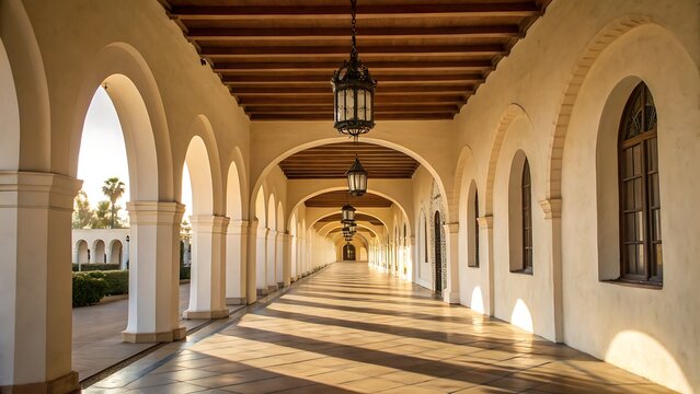 Stunning arched corridor with ornate hanging lanterns, combining historical elegance with modern design.