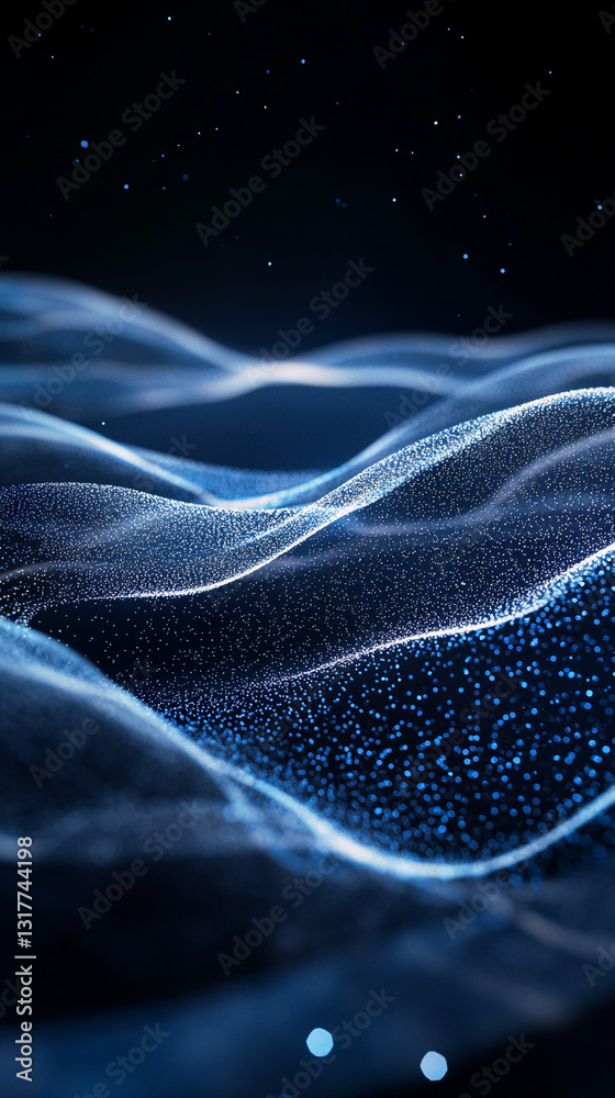 Poster Abstract blue wave particle background, glittering with light, creating a dynamic and elegant visual, perfect for technology or science concepts