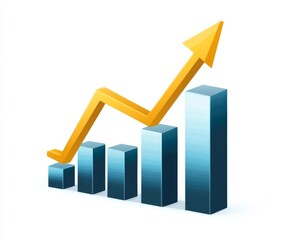 A simple bar graph illustrating an upward trend in sales, featuring blue bars, a yellow arrow, and a white background.