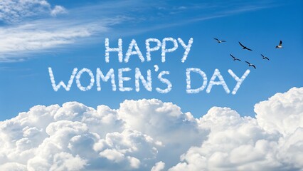 Blue sky with soft clouds and a joyful 'Happy Women's Day' message, radiating positivity and celebration