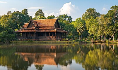 Obraz premium Wooden house, peaceful lake, lush garden, sunny day, travel