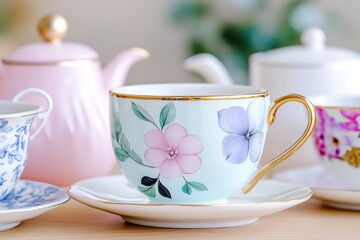 Fototapeta premium Charming shabby chic tea set featuring delicate floral patterns on porcelain cups arranged on a wooden table in cozy setting