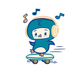 Little penguin listening to music on wireless headphones and skateboarding. Vector cartoon illustration isolated on white