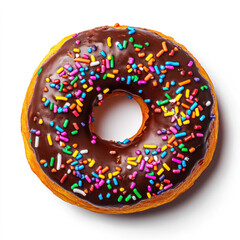 Overhead view of a donut with chocolate frosting and colorful sprinkles on white background