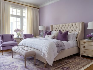 A well decorated bedroom with lilac walls and furnishings
