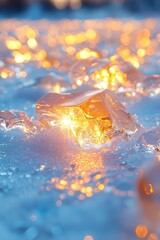 Crystal-clear ice shards reflect warm light in a serene winter landscape during sunset
