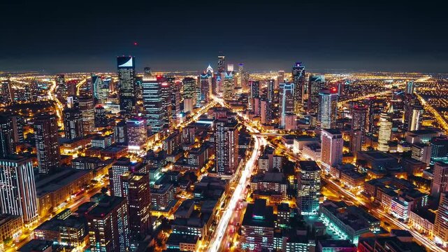 Nighttime beijing cityscape glowing with vibrant downtown energy, revealing illuminated streets, dynamic traffic, and architectural brilliance under dark urban skyline