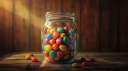 Colorful candies in a glass jar on wooden table.