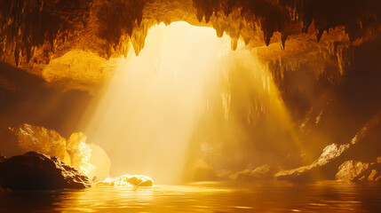 A serene golden cave with sunlight streaming through, creating a peaceful and luminous atmosphere. Luminous Whispers. Illustration