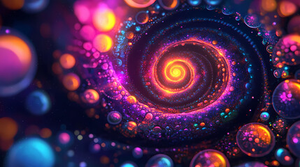 A swirling vortex of vibrant neon colors in psychedelic patterns, with ethereal whispers and glowing orbs. Luminous Whispers. Illustration