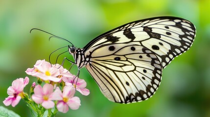 Fototapeta premium Close-up of a black and white butterfly feeding on pink flowers.