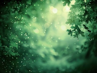 Naklejka premium Emerald & deep green magical forest bokeh, soft sparkling light filters through leaves creating tranquil, atmospheric depth cartoon, watermark.