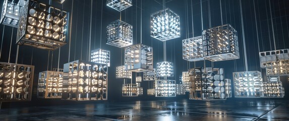 Magnetic building blocks suspended in 3D patterns, controlled lighting reveals complex, metallic structures in laboratory clutter.