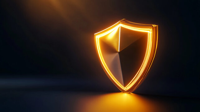 Metallic gold shield with glowing orange outline, dark background, showcasing security and protection concepts