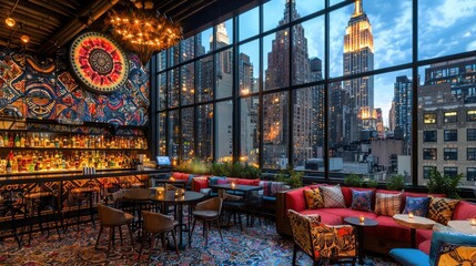 Urban rooftop bar with city views