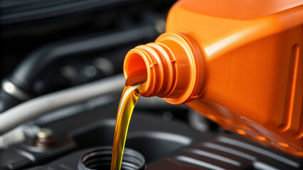 Pouring Engine Oil from Orange Container into Car Engine for Maintenance