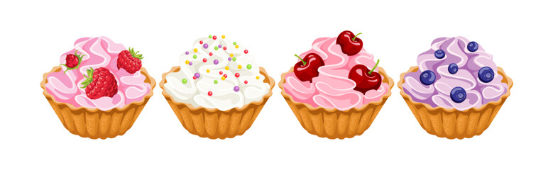 Cupcakes with sweet whipped cream, berry and colorful sprinkles. Vector cartoon flat illustration of dessert. Sweet food icons