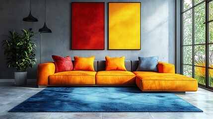 Modern Orange Sectional Sofa in Stylish Living Room with Blue Rug and Abstract Art